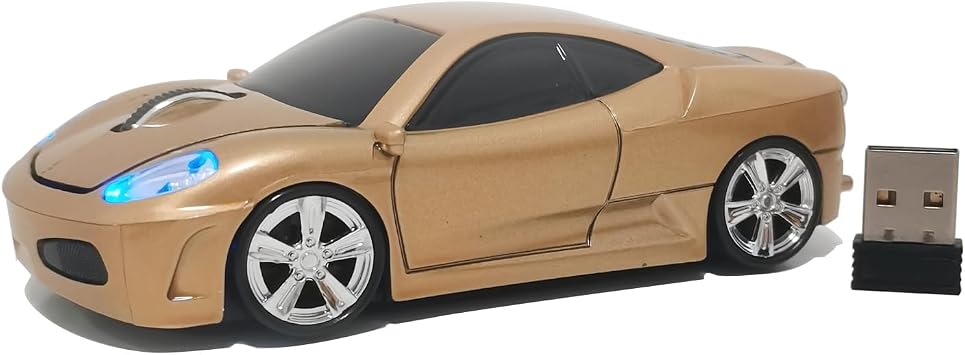 Wireless Car Mouse, Sport Car Shaped Mouse Mice for Computer, Laptop, PC, Mac with LED Light Gold
