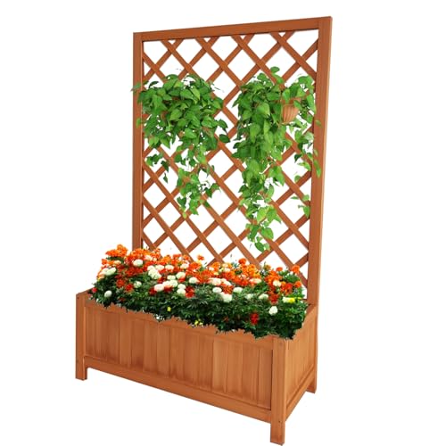 Vivo Technologies Large Rectangular Wooden Planter with Liner and Lattice Trellis Panels for Climbing Plants 70x30x135cm Flower Plant Pot Box for Garden Patio Natural