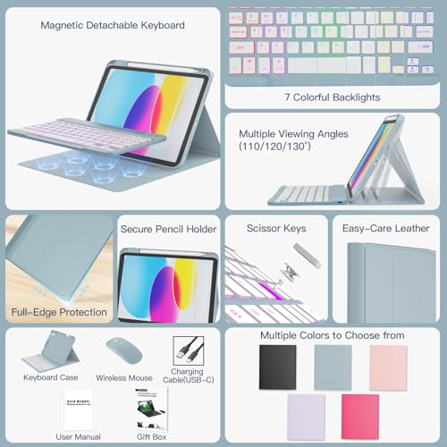Image of RAYMCRAFT for iPad 11th (A16, 2025) / 10th Generation Case with Keyboard, Mouse and Detachable Wireless Keyboard, 7-Color Backlight, Slim Case with Pencil Holder, Slate Blue
