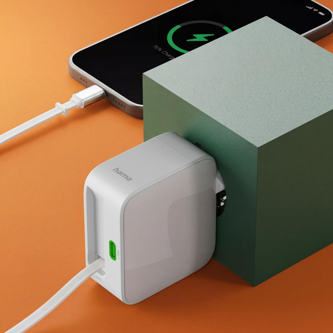 Hama | Caricatore 2 USB C 65 W GAN (230 V, Power Delivery, cavo estensibile, Qualcomm Quick Charge, Dual, Compatto, retrattile) Colore Bianco