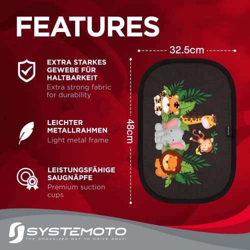 Systemoto Auto Sonnenschutz Baby mit UV Schutz (2er Set) - Autofenster Sonnenschutz für Personenkraftwagen, für Kinder mit süßen Tier Motiven (Wild Life) – Bild 3