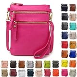 Solene Women's Faux Leather Organizer Multi Zipper Pockets Handbag With Detachable Wristlet Crossbody Bag-WU002(Fuchsia)