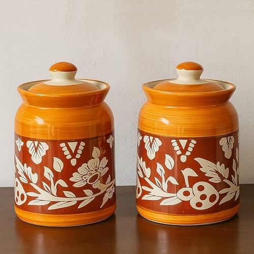 Image of D'Maiolica Pickle Jar in 1000ml (set of 2) | Handpainted Floral Barni Jadi 1 kg Achaar Martban Salt Containers | Kitchen Ceramic Jars for Kitchen Storage (Pack of 2) (Yellow Red Full Floral)