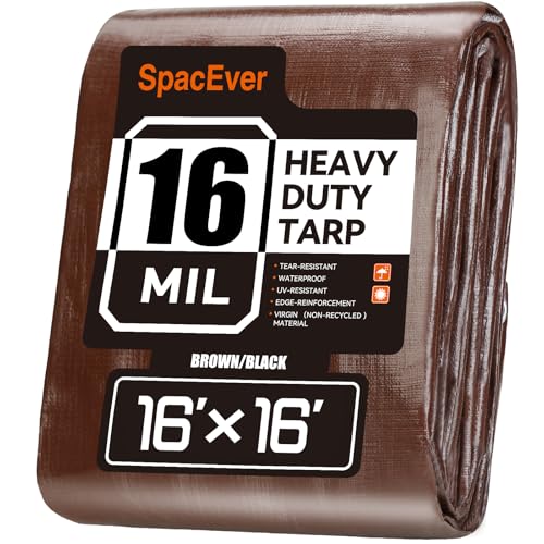 16x16 FT Tarp Waterproof 16 Mil Tarps Heavy Duty Waterproof Multipurpose Protective Cover UV Resistant Rip & Tear Resistant with Grommets Reversible for Home Boats Cars Camping