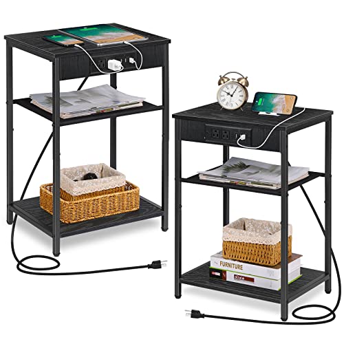 Set of 2 Nightstand with Charging Station, 3 Tier End Table with USB Ports & Power Outlets, Narrow Side Table for Small Spaces, Bedside Tables for Bedroom, Living Room, Black
