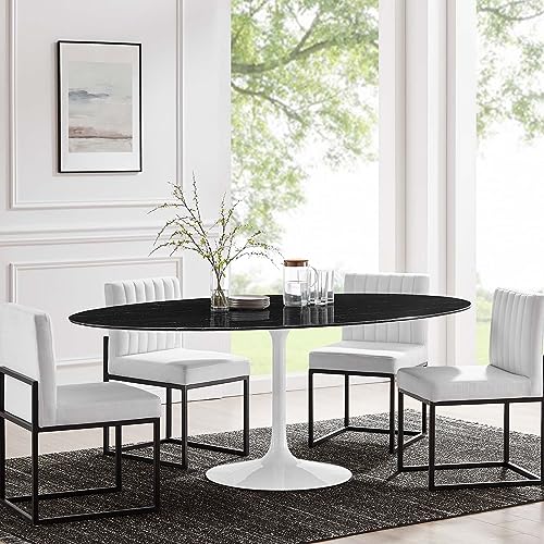 Image of Modway Lippa Oval 78 inch Artificial Marble Mid-Century Modern Dining Table in White Black