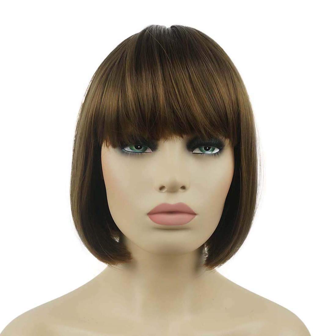 Lydell 8" Straight Short Bob Hair Flat Bangs Cute Central Dot Skin Top Heat Resistant Synthetic Wigs (Light Reddish Golden Brown)