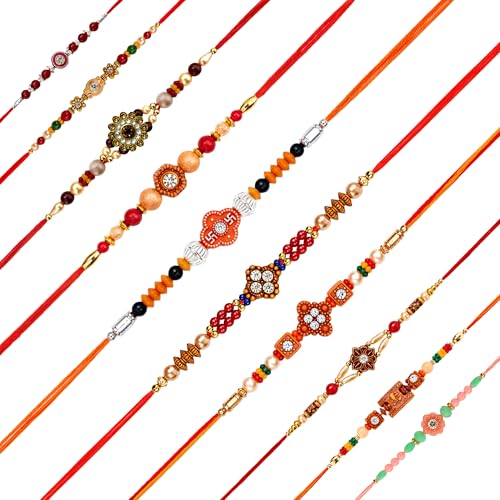 Lot de 10 Rakhi de designer traditionnels avec pierres et perles
