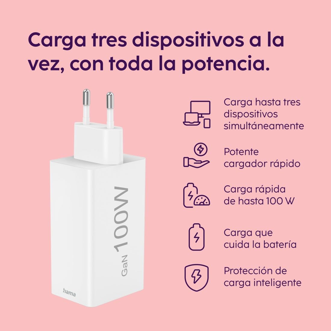 Hama | Cargador Rápido GaN 100 W USB-C PD QC 3.0 Blanco | Carga rápida de hasta 100 W con tecnología GaN, compatible con iPhone, Samsung, MacBook y más, Blanco