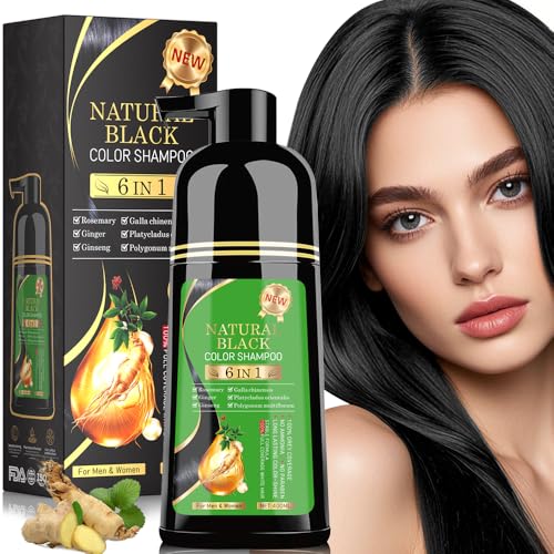 Champú de tinte para el cabello negro 6 en 1 Unisex fórmula de hierbas naturales, champú de tinte para el cabello para mujeres y hombres, color de larga duración para cubrir las canas (negro natural)