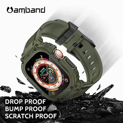 Image of amBand Bands Case Screen Protector Compatible with Apple Watch Ultra 3 /2 /1 49mm, M1 Sport Series Rugged Cover Strap and 9H Tempered Glass Film, Protective Bumper for iWatch 49 mm Men Army Green