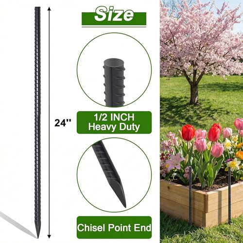 AAGUT Rebar Stakes 24 Inch Straight Garden Plant Stakes (20 pcs) 1/2" Thickness, Heavy Duty Metal Spikes for Concrete Forming, Landscape Timber, Fence, Ground Anchors with Chisel Point End, Black by AAGUT - Image 2