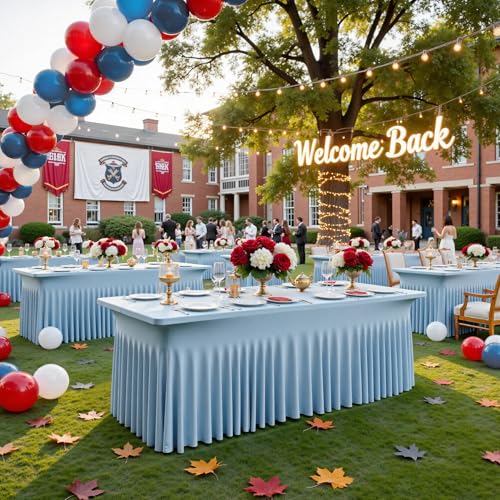 Image of NSSONBEN 2 pk Dusty Blue Spandex Tablecloth for 8 Foot Rectangle Tables,Wrinkle Free Fitted Spandex Table Covers 8ft Stretch Table Cloths with Ruffle Skirt for Parties Weddings Banquet Baby Shower