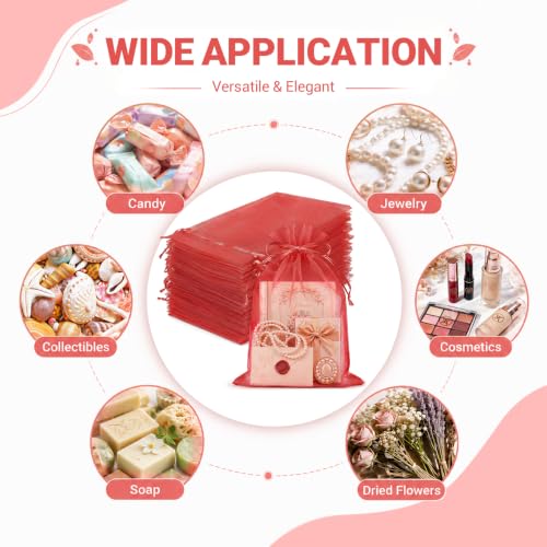 Image of FUNFERY 100PCS Red Organza Gift Bags 6x9in,Drawstring Pouch for Jewelry