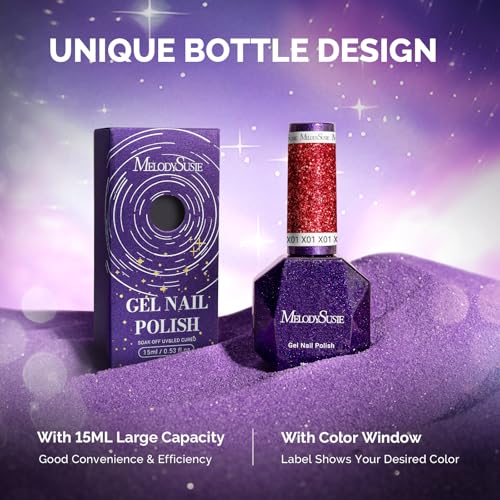 Image of MelodySusie Galaliver Red Glitter Gel Nail Polish, 15ML Sparkly Shimmer Christmas Red Gel Polish Soak Off UV LED Cured Long Lasting Gift for Women DIY Nail Design Nail Art Manicure X01