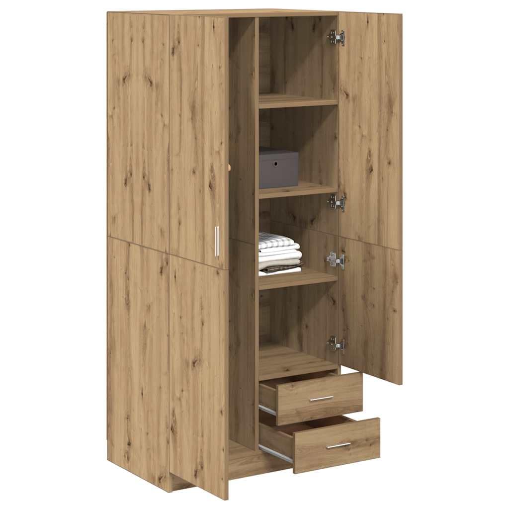 Armario Artisan-roble 80 x 52 x 180 cm, material de madera con 2 puertas, 2 cajones, barra colgante y compartimento grande para dormitorio, pasillo, habitación de los niños, muebles