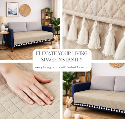 Image of BSB HOME 3 Seater Quilted Velvet Sofa Cover with Tassels | Soft Washable Sofa Protector for Living Room | Elegant Furniture Cover for Home Decor (Beige)