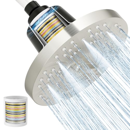 Image of SR SUN RISE Filtered Shower Head with Filters, 20-Stage Shower Head Filter for Hard Water, High Pressure Showerhead with Easy-Replace Cartridge to Remove Chlorine (7-Inch, Brushed Nickel)