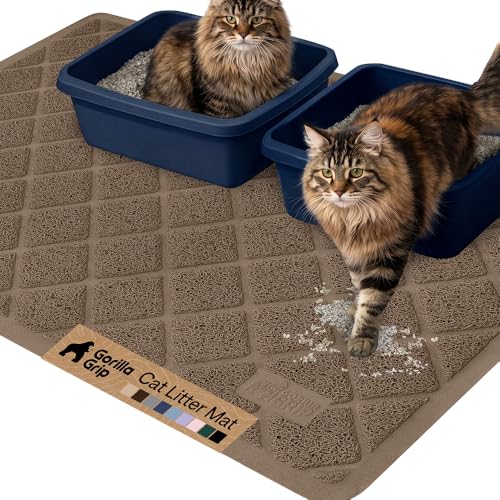 GORILLA GRIP Cat Litter Box Mat, 47x35, Cushioned Coil Mesh Litter Trapping Mats, Scatter Control Supplies for Less Mess, Phthalate Free, Ultra Deep Catch Grooves, Rinse or Vacuum to Clean, Brown