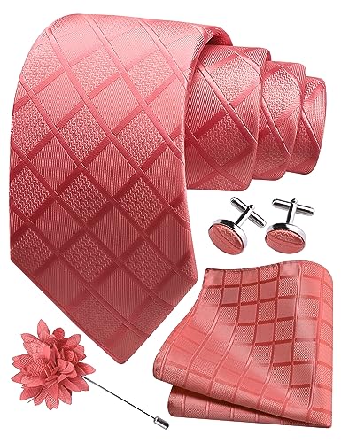 Image of GUSLESON 3.15 inch(8cm) Mens Tie and Lapel Pin Plaid Checkered Necktie Hankerchief Cufflinks Set for Men