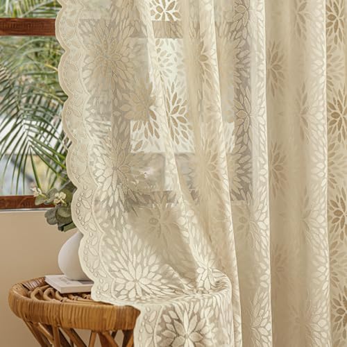 Image of MIULEE Vintage Floral Scalloped Lace Curtains 2 Panels, Beige 52 inch W x 36 inch L | Victorian Decorative Design, Semi Sheer Curtains, Pretty Cafe Short Tier Panels, Lace Small Drapes for Kitchen