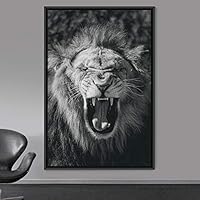 Framed Canvas Wall Art Duotone Lion Animals Black and White Bohemian Duotone Elephants Expressive Grey Living Room Photography - 16x24 inches