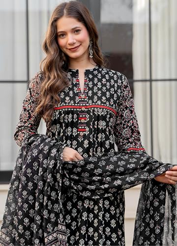 Image of Amayra Women's Pure Cotton Printed A-Line Kurta Set with Palazzo Pants & Dupatta- Ethnic Wear