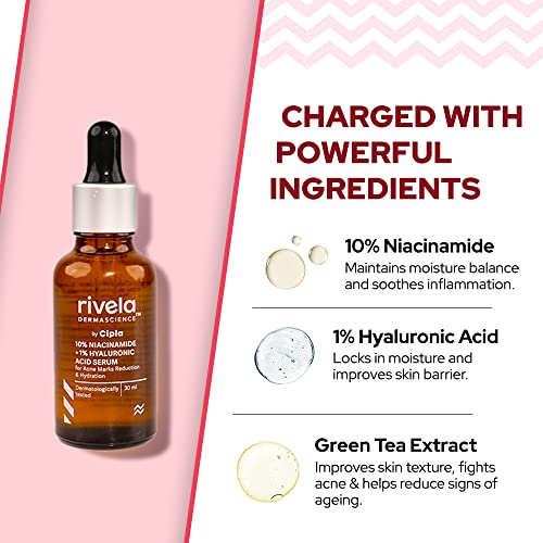 Image of Rivela Dermascience by Cipla 10% Niacinamide + 1% Hyaluronic Acid Serum | Reduces Acne Marks, Blemishes | Promotes Hydration | Evens Skin Tone | Balances Oil Production | 30ml | Pack of 2