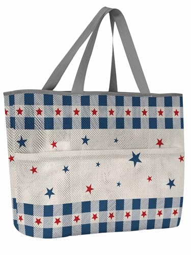 Mesh Beach Bag Oversized Tote Bags for Women Red Star Independence Day Blue Grid Large Travel Pool Bags with 8 Pockets