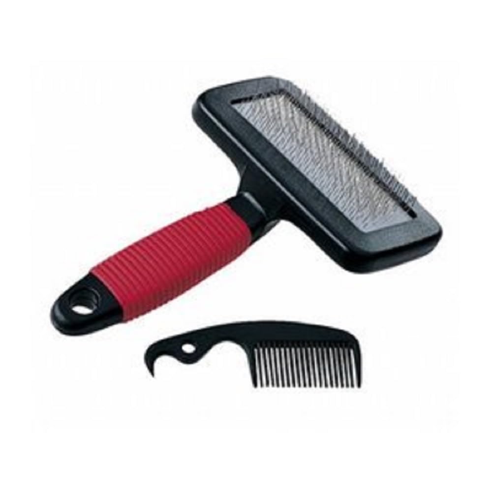 Ferplast Spazzola Cardatore per Cani - Pelo Medio e Lungo - Setole Inclinate e Testine Arrotondate, Acciaio Inox - Impugnatura Ergonomica Morbida - Pettine Extra Incluso - Misura M, Rosso