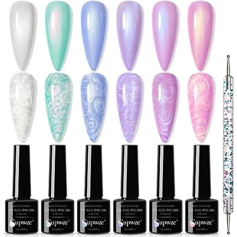 SUPWEE Pearl Gel Nail Polish, 6 Colors Glitter Thread Shimmer Mermaid Gel Polish Kit Soak Off UV LED Shiny Pearlescent Shell Effect Nail Art Manicure Cover