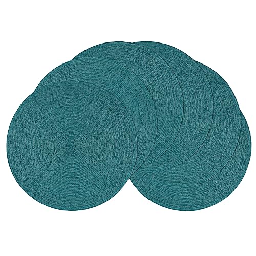 Image of SHACOS Round Placemats Set of 6 Washable 15 inch Round Table Mats Cotton Polyester Woven Braided Place Mats for Dining Table, Teal Green