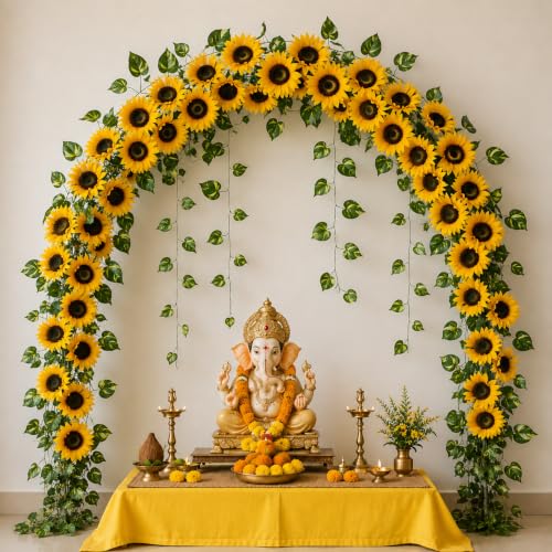 Image of Party Propz Sunflower Decoration Items - 44 Pcs Artificial Flowers for Decoration Hanging Vines, Sunflower Garland, Ganpati Decoration Setup for Home, Door Hanging Decorative Items, Wall Latkan
