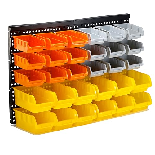 VEOFEMLEA 30-Bin Wall Mounted Storage Bins Kit, Tool Organizer Rack, 3 Color Parts Storage Bins, Garage Hardware Organizer, DIY Combination