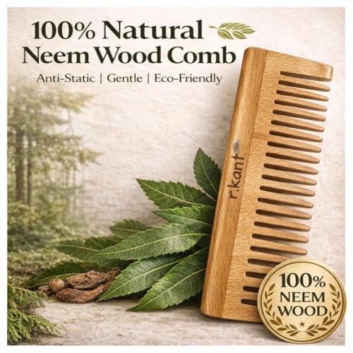 Image of R.Kant Neem Wooden Comb Combo Pack of 2 | Wide Teeth Detangler + Shampoo Comb | Natural Neem Wood | Polished Finish | Scalp Friendly | Men & Women