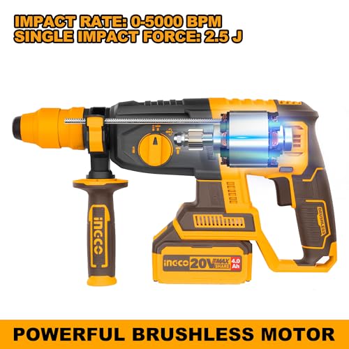 Image of INGCO 20V Cordless Brushless Hammer Drill, 26mm in Concrete, 2.5 J, 4IN1 Function, 5000 BPM, With 2Pcs 4.0Ah Battery And Charger, Packed by Carrying Case