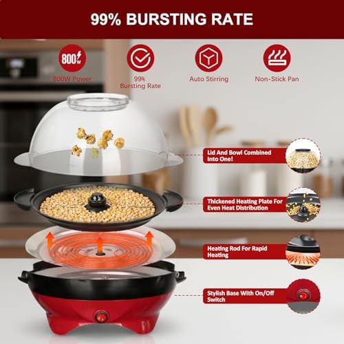 Bild 5 - Cozary Popcornmaschine,5L Popcorn-Maker Groß für Zuhause für Zucker, Öl, Butter, mit Abnehmbarer Heizfläche und Antihaftbeschichtung,Deckel als Servierschale, Leise und Schnelle Popcorn Maschine