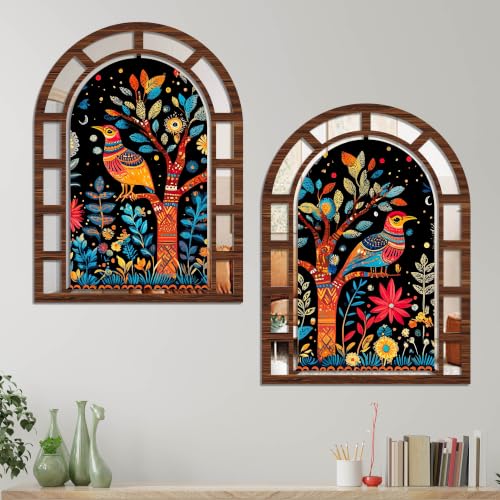 Image of Artvibes Colorful Bird & Floral Tree | Jharokha Mirror | Mirror Wall Hanging for Living Room, Hall, Bedroom & Dining Area | Indian Gift (WH 12003N), Set of 2