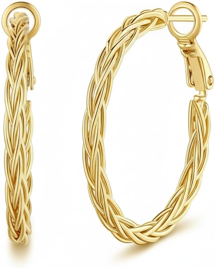 14K Gold Hoop Earrings for Women Trendy Thick Twisted Hoops Earring Fine Weave Design, 14K Gold Earrings for Womens Hypoallergenic Earrings Jewelry for Women, 30MM