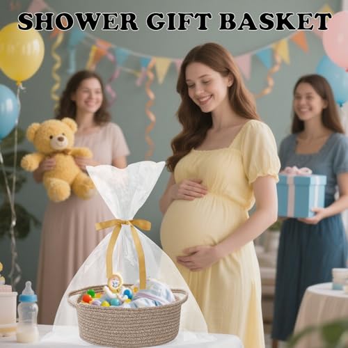 Image of Woven Rope Basket,Baby Gift Basket with Bag & Ribbon, Mixed Brown