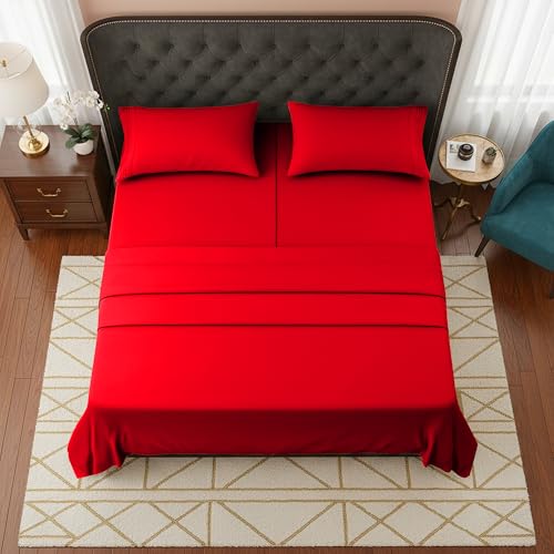 Image of Elegant Comfort Luxurious 1500 Premium Hotel Quality Microfiber Three Line Embroidered Softest 5-Piece Bed Sheet Set, Wrinkle and Fade Resistant, Split King, Red