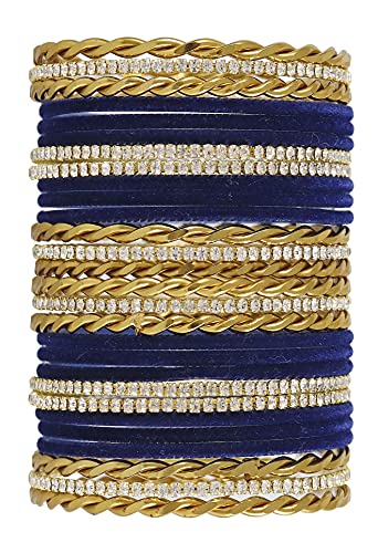 Image of NMII Gold Plated Metal Velvet Bangles Set For Women & Girls with Zircon Gemstone Studded | Traditional Women's Bangles | Designer Gold Bangles | Fashion Jewellery- Set of 28