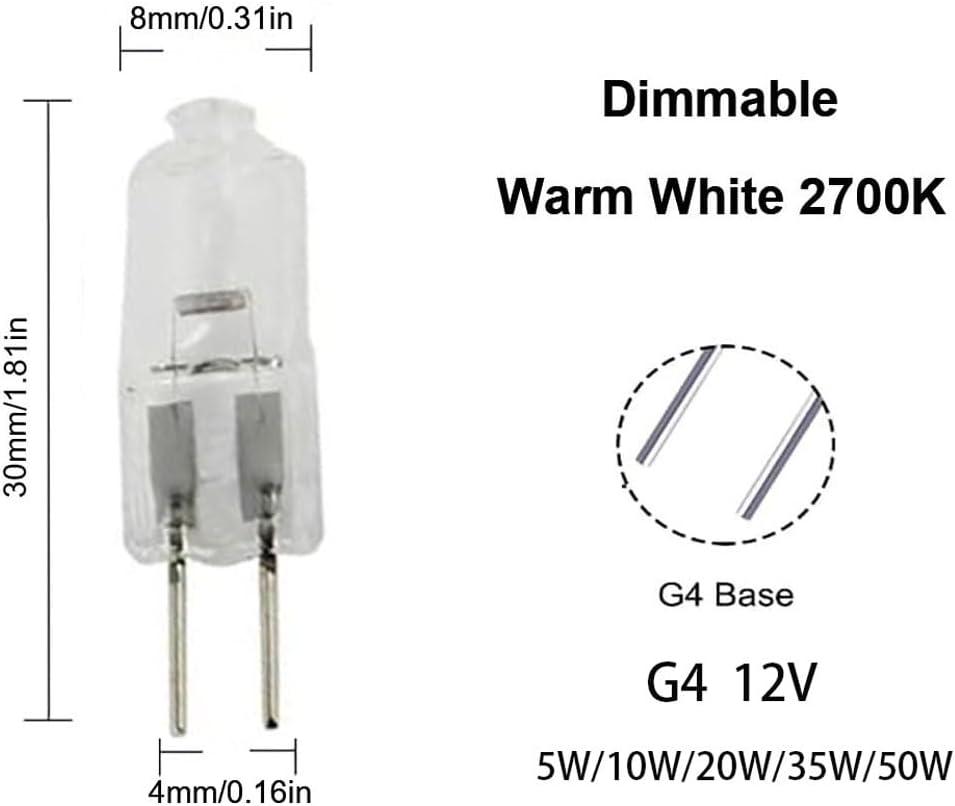 G4 12V 20W Halogen Bulbs Clear Capsule Lamp 35W G4 Bi Pin Dimmable Warm White,50W,20Pc