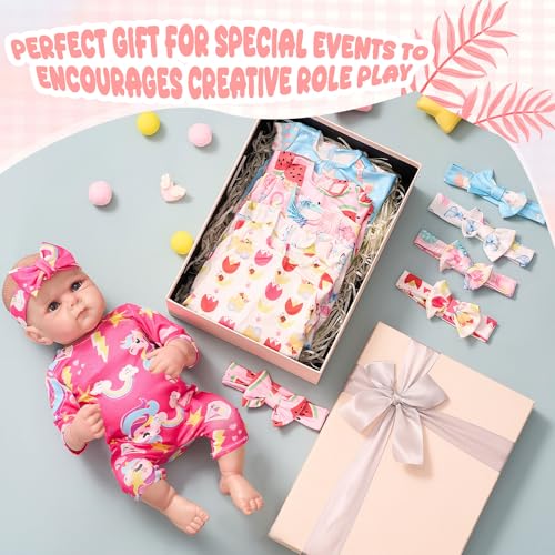 Image of Reborn Baby Doll Clothes Set for 18 Inch Colorful Babydolls Clothes Outfits Realistic Cute Strawberry Fruit Pattern Dress Accessories with Headband Bulk for Girl(Dress & Cozy Set)