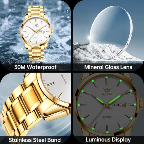 OLEVS Men's Gold Watch, Luxury Large Face Stainless Steel Analog Quartz Dress Watch, Fashion Simple Day Date Waterproof Luminous Wrist Watch for Men - Image 6