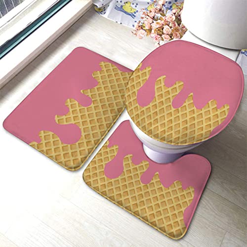 3-teiliges Badteppich-Set, Eistütenbrett, waschbare Badteppiche, rutschfest, mit Rückenpolster, Konturteppich und Toilettendeckelbezug