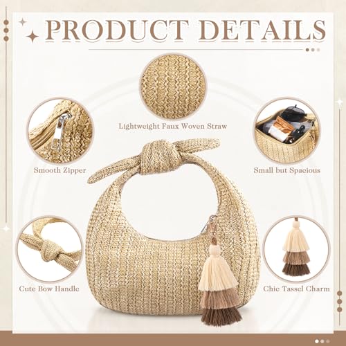 Image of Abbylike Knotted Straw Clutch Purse with Tassels Summer Beach Bag Bow Dumpling Evening Handbag for Women Beach Party Travel