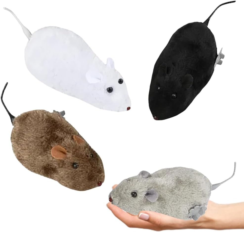 Wind-Up Mouse Racing Mouse Plush Mice Cat Chaser 6" Inches, Realistic Looking Pet with Twirling Tail (4-Pack)