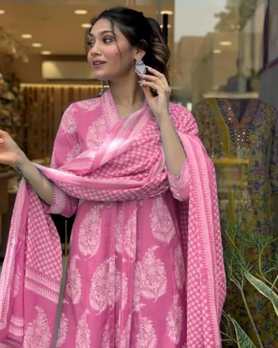 Image of PARTHVI Women's Rayon Blend Anarkali Printed Kurta with Pant & Dupatta & Dupatta