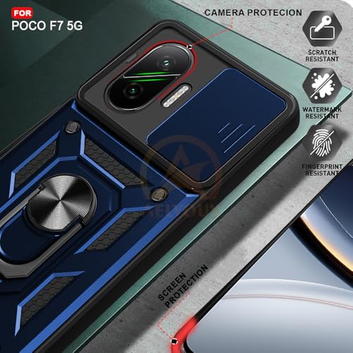 Image of Armor Bumper Back Cover Case for Poco F7 5G | Rotating Camera Cover, Ring Holder & Kickstand | Heavy Duty & 360 Degree Protection Poco F7 5G Back Cover (Blue)